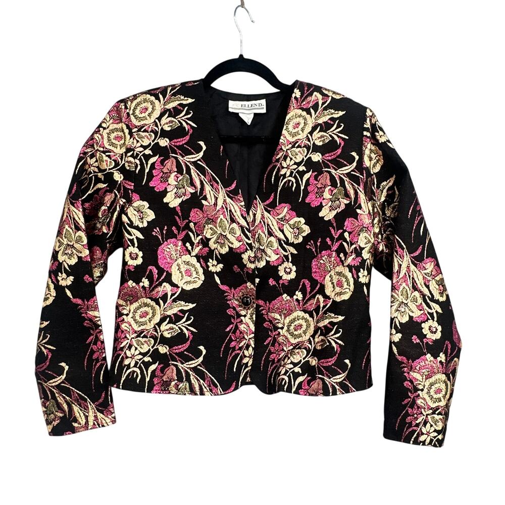 VTG Dark Floral Tapestry Bolero Jacket M Cropped Metallic Boho Coquette Fairy US